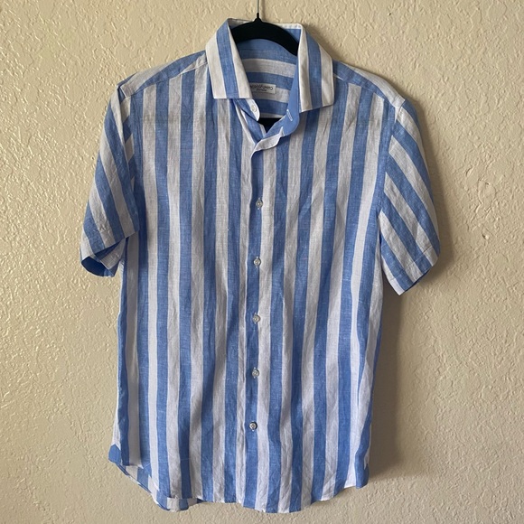 Nero Sfumato Classic Linen Blue and White Striped Men's Shirt Size S Short - Picture 1 of 5